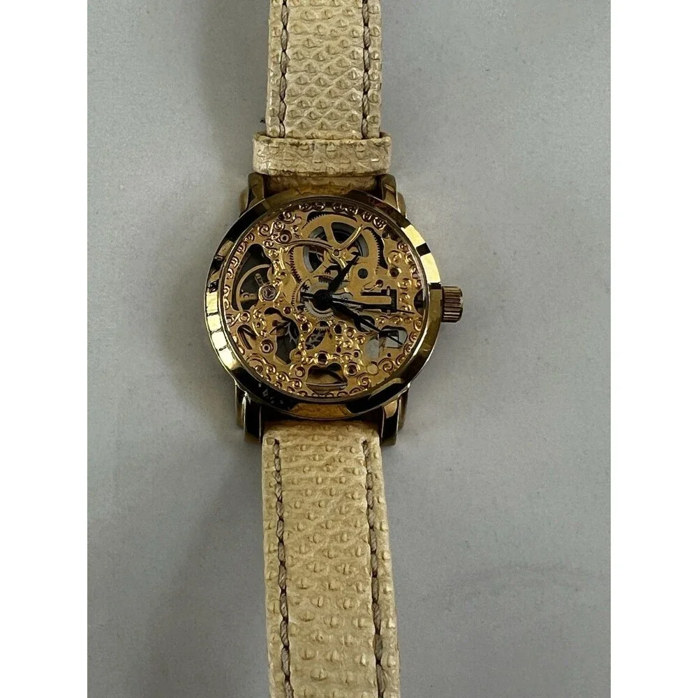 $450 Akribos XXIV AK431YG-A Automatic Skeleton Watch Krysterna Crystal Leather